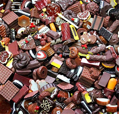 Random 30pcs Cute Candy Resin Charms Beads Fruit Dessert Ice Cream Plastic Slices Flatback Buttons for Handcraft Accessories Scrapbooking Phone Case Decor(Chocolate)