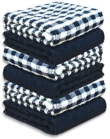 A & B TRADERS 100% Cotton Terry Tea Towels Packs (Sets of 2, 3, 6, 12 or 15) Egyptian Mono Check Superdry Soft Professional Hotel Quality Kitchen Dish Cloth (Black, 6)