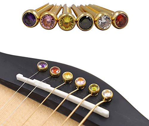Rayzm Gitarrenbrückenstifte, Messinggitarren-Endstift-Set, 6 Stück Kristallkopf-Gitarrensaiten mit festem Kegel, verschiedene farbige Gitarrennagelstifte