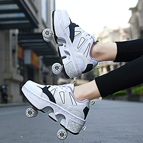 YXHUI Inline-Skate, 2-in-1-Mehrzweckschuhe, Verstellbare Quad-Rollschuh-Stiefel,GreyBlue-EU36/UK3