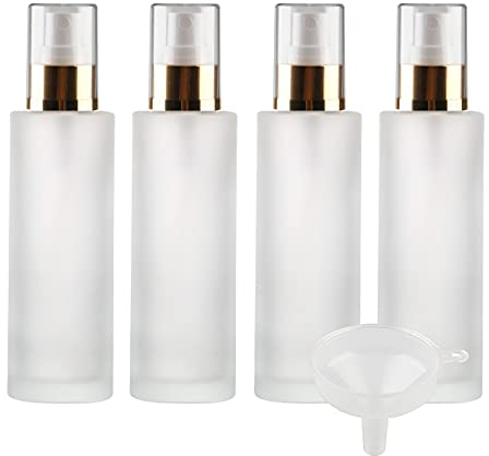 ZEOABSY Pack of 4, Empty 100ml Frosted Transparent Glass Fine Mist Spray Bottles, 100 ml Refillable Travel Perfume Sprayers, Ideal for Travel Cosmetic Household Cleaning + 1 x Funnel
