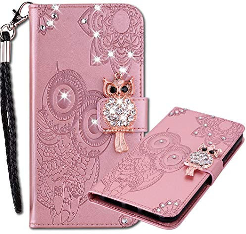 MRSTER Coque iPhone 13, Étui en Cuir Coque avec Dragonne Brillant Flip Portefeuille Housse Motif Hibou Glitter Bling Diamant Coque pour Apple iPhone 13 (6.1). Owl Rose Gold