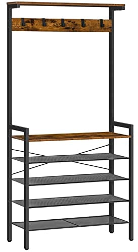 HOOBRO Garderobenständer, 5-lagiges Schuhregal, Garderobe, Kleiderständer mit 5 abnehmbaren Haken, oberer Ablagefläche, Flur, Wohnzimmer, vintagebraun-schwarz EBF74MT01