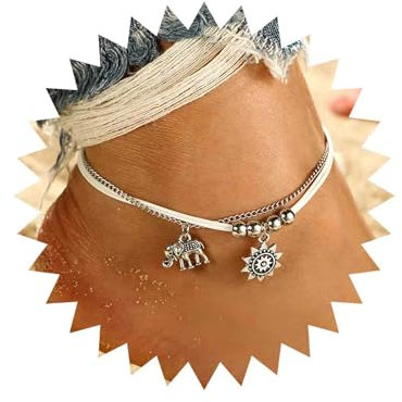 Inateannal Boho Geschichteten Seil Fußkettchen Elefant Sonne Charme Knöchel Armband Quadrat Perle Knöchel Kette Sommer Strand Fuß Schmuck Für Frauen Und Mädchen