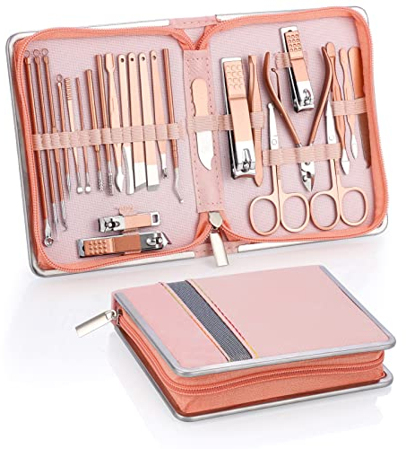 Coolzon Kit Manucure Pedicure, Kit Manucure Professionnel 26 Pièces, Coupe Ongle Kit Manucure pour Manucure et Pédicure, Nettoyage des Cuticules, Conception Avancée de sac à Fermeture Eclair,Rose