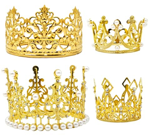 4 Pieces Crown Cake Topper Mini Tiara Birthday Cake Topper Gold Crystal Pearl Wedding Cake Crown Topper for Birthday Party Wedding Cake Decoration