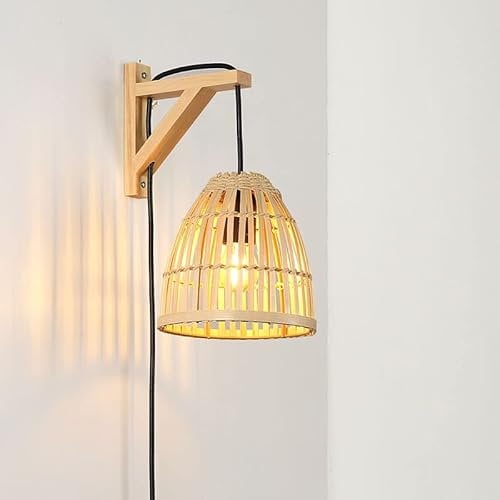 BarcelonaLED Applique murale équerre en bois avec panier en bambou en osier avec câble prise et interrupteur Portalampara Noir E27 pour salon Table de chevet Tête de lit