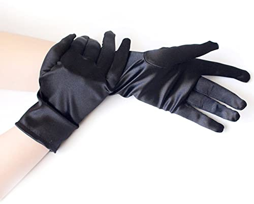 Achsoo Kurze Handschuhe für Damen Handgelenklange Handschuhe Braut Kostüm Halloween Kostüm Hochzeit (Black(Satin Fabric))