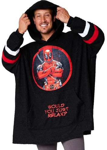 Marvel Felpa Uomo con Cappuccio - Felpa Coperta con Cappuccio Oversize di Pile - Felpe Giganti Gadget Regalo (Nero Deadpool)