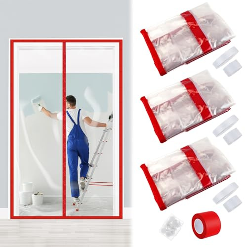 Preboun Magnetische Staubsperre, Reißverschluss, Tür-Set, 122 x 20 cm, Baubarrieren, Staubtür, Kunststofftür für den Bau, selbstschließender Vorhang für Türen, Zimmer, Rot, 3 Sets