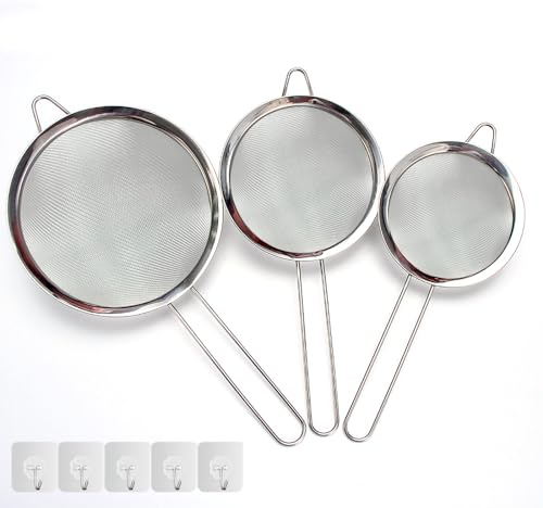 Lot de 3 Passoire Cuisine Chinois Cuisine inox 8cm/12cm/16cm Passoire fine Tamis de Cuisine pour Poudre, Pâtisserie, Nouille, Riz, Pates