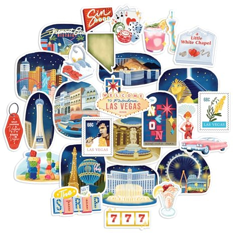 Navy Peony Glitzernde Las Vegas Reiseaufkleber (28 Stück) - Gouache-Stil, wasserdicht, Amerika-Themenaufkleber für Sammelalben, Journale, Koffer