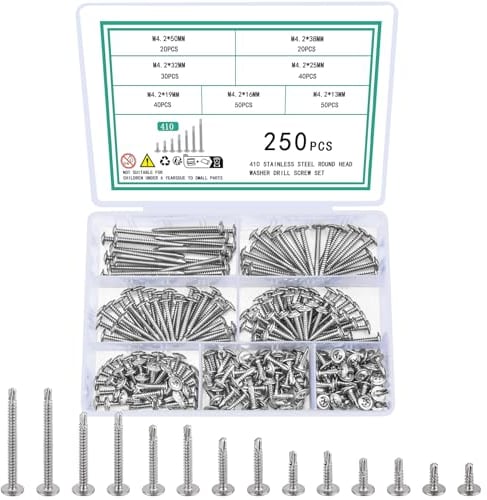 250 Pz M4.2 Viti Autofilettanti per Metallo, Viti Autoperforanti per Metallo Legno a Testa Piatta Autoforanti a Testa a Croce in Acciaio Inox per Cartongesso Lamiera Plastica