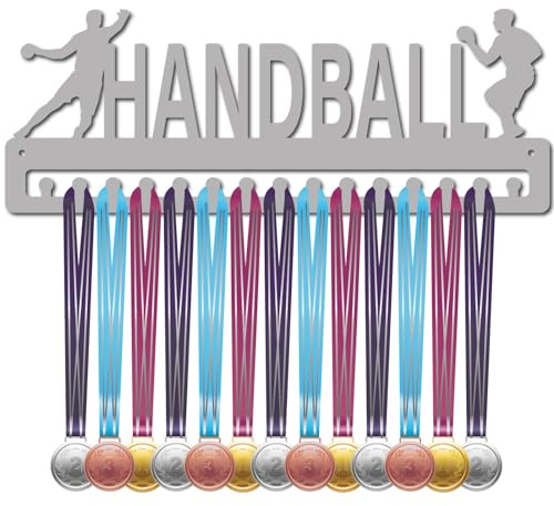 CREATCABIN Handball-Medaillenhalter,Sportmedaillenhalter,Präsentationsbänder,Organizer Mit Haken,Metall,Silberfarbenes Gestell,Wandbehang,15+Medaillen Für Sport,Rennen,Geschenke,Fußballspieler,40x15cm