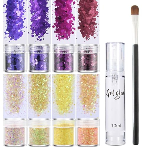Body Glitter 8 Flaschen, Glitzer Gesicht Schminke Festival Zubehör Mit Kleber, Festival Accessoires Pailletten Für Haare, Augen, Hals, Nagel Gesichts-Make-Up, Festival Cosmetic Glitter