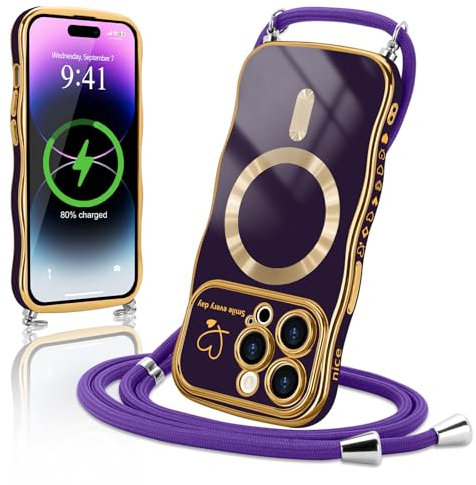 Lafunda Cover per iPhone 15 Pro Max Custodia con cordino (rimovibile) Forma della cornice con onde ricce Case con placcatura d'amore Cover per iPhone 15 Pro Max Viola scuro