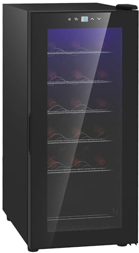 HOMCOM Cantinetta Vino Refrigerata per 18 Bottiglie, Cantina Frigo per Vino a Zona Singola con Temperatura Controllata, Display Touch, Luci LED, Ripiani Regolabili e Porta in Vetro, Nero