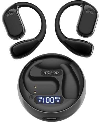 OTRBCOY True Open Ear Headphones, Sports Earbuds with Earhooks, Air Conduction Earphones, Digital Display, 30H Play, Clear Calls, Wireless Earbuds Lightweight, Sweatproof for Running, Workout, Yoga