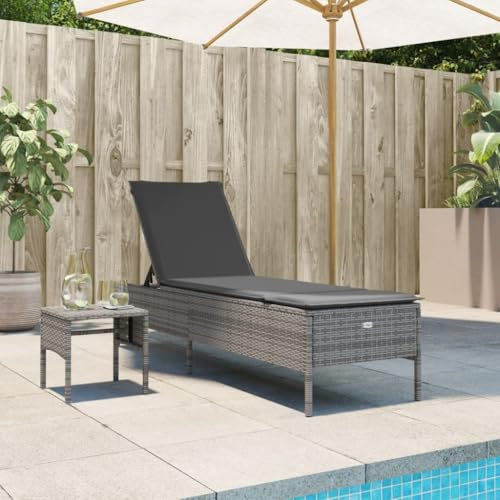 Somanki Sonnenliege mit Tisch und Auflage Grau Poly Rattan, Gartenliege, Liegestuhl, Sonnenstuhl, Sonneninsel Outdoor, Liegen, Gartenmöbel, Bäderliege, Relaxliege - 4002730
