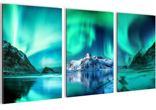 Novart Bilder Set Polarlicht Nachthimmel - Kein Extra Rahmen benötigt - Wandbilder für Wohnzimmer Schlafzimmer Flur - 3 Teilig Deko Grün Blau - N034836a