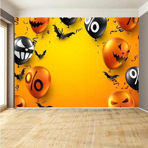 Lcythiazole Customizable Size Peel and Stick Halloween Mural Wallpaper, Yellow Background Cartoon Pumpkin Balloons Bats Background for Halloween Living Room Bedroom