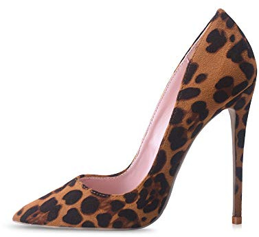 Zhabtuc Women's Pointed Toe High Heel Pumps 12 cm Stiletto Heel Party Shoes, Suede Leopard, 6.5 UK