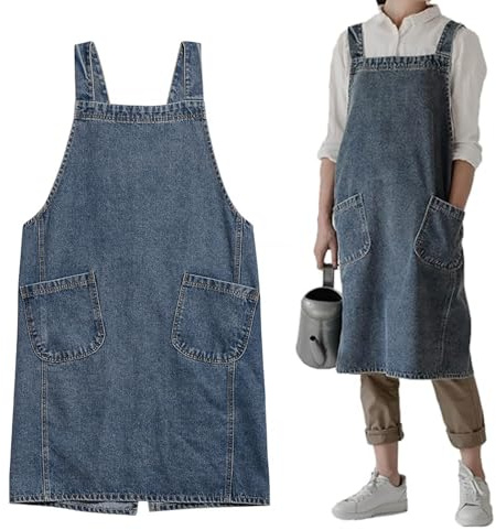 POHOVE Denim Apron with Large Pockets,No-ties,Cross Back Apron with Pockets for Cooking Kitchens for Women Men