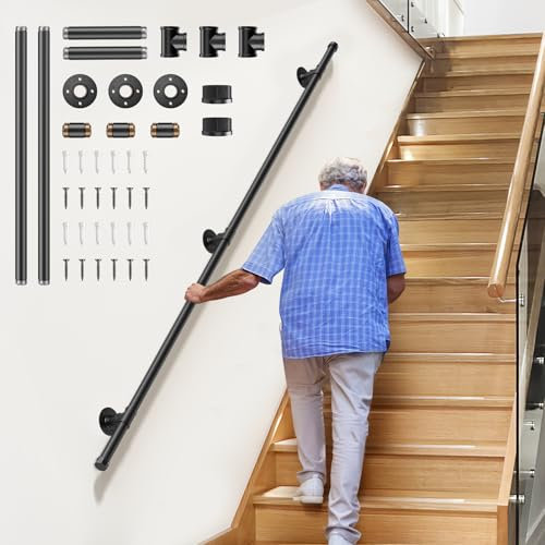 Handrails for Stairs, Ovshnrr 2-Section 2M Metal Wall-Mounted Barrier-Free Handrail, 220LBS Non-Slip & Comfortable Indoor Outdoor Banister Handrail Suitable for Kids, Disabled and Elderly