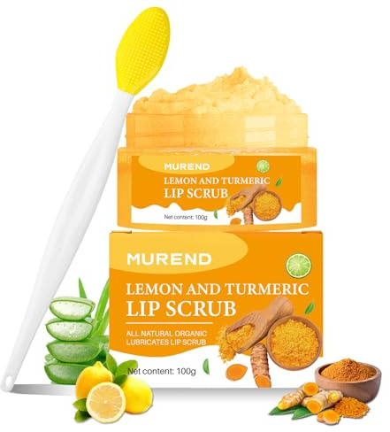Turmeric Lemon Lip Scrub with Brush, Lip Scrubber Exfoliator for Dark Lips, Dry, Chapped Lips, Reduce Fine Lines, Natural Nourish Sugar Lip Scrub with Aloe Vera, Deep Hydration Moisturization 100g