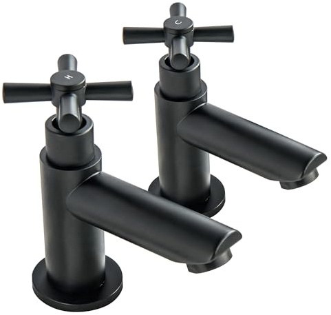 SUBEIXI Black Basin Taps Pair Twin Hot and Cold Water Bathroom Sink Tap Cross Lever Two Holes Basin Pillar Taps, Set of 2