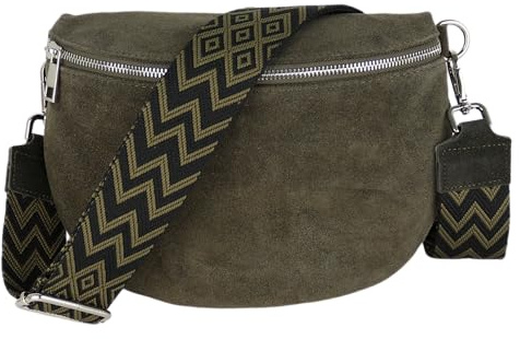 MIRROSI Damen Bauchtasche aus Wildleder, Made in Italy. Als Umhängetasche, Brust- oder Schultertasche tragbar, 26x20x8 cm, Reißverschlussfach hinten.