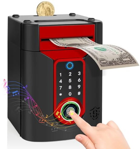 Highttoy Spardose Kinder, Elektronische Spardose mit Touchscreen und Fingerabdruck, Geldautomat Sparbox Tresor Kinder, Geschenk Jungen Mädchen 3-12 Jahre, Schwarz Rot