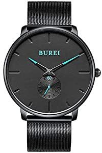 BUREI Herrenuhr mit schwarzem Zifferblatt und farbigen Zeigern – Quarzwerk, wasserdicht, Edelstahl – Elegantes Geschenk für Männer