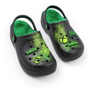 Xbox Boys Black and Green Logo Fur Lined Clogs | Casual Footwear with Fluffy Lining | Ideal for Gaming & Everyday Wear | Comfortable Kids Footwear Merch
