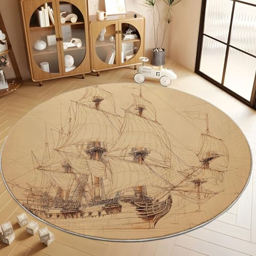 Rund Teppich Handgemalt Minimalistisch Maritim Schiff, Flauschig Weich Teppiche rutschfest Hellbraun Runder Teppich für Schlafzimmer Eingangsbereich Wohnzimmer und Flur, 60 cm