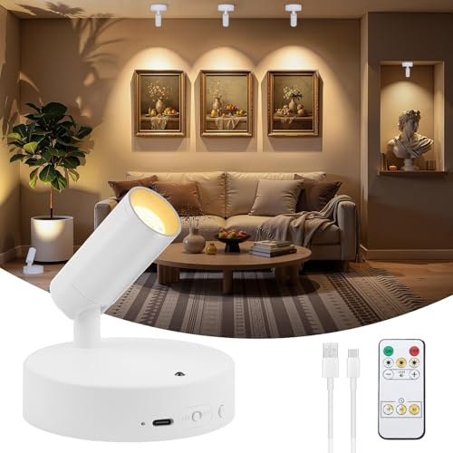 Ketom Rechargeable Wall Lights, Rotatable Plant Spotlight Indoor | Stick on Wall Lights with Remote, 3 CCT, Dimmable, Timer, Sconces Wall Light no Wire for Trees Artwork, White, 1 Pack