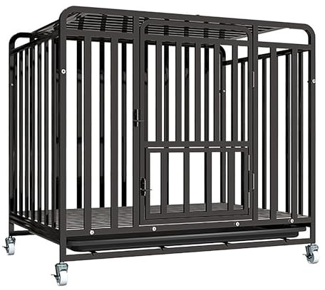 Heavy Duty Dog Kennel Cage, Double Doors, Escape Proof Metal Frame, Removable Tray, Lockable Wheels, Easy Assemble