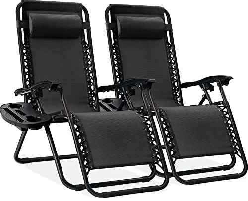 Best Choice Products Set of 2 Adjustable Steel Mesh Zero Gravity Lounge Chair Recliners w/Pillows and Cup Holder Trays - Black