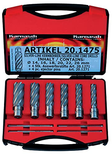 Karnasch 201475 Silver-Line 50 Basic Set enthält 6 HSS-XE Kernbohrer, Weldon Schaft 19 mm, je 1 Stück Ø 14, 16, 18, 20, 22, 26 mm, 2 Stück Eyeliner Bolzen von 6.34 x 102 mm