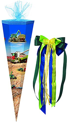 alles-meine.de GmbH Schultüte - Traktor/Landmaschinen - 85 cm - 6-eckig - incl. große Schleife - Tüllabschluß - Zuckertüte - mit/ohne Kunststoff Spitze - für Jungen/Mäh..
