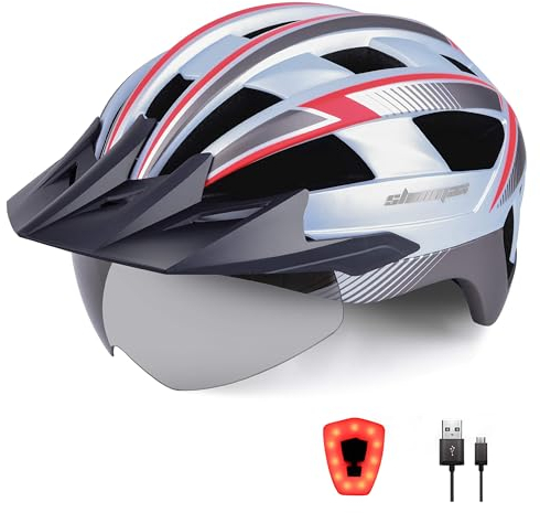 Shinmax Fahrradhelm für Herren Damen MTB Fahrradhelm mit LED USB Rücklicht Radhelm mit Visier Magnetischem Abnehmbarem Schutzbrille Mountainbike Helm Fahrradhelme Einstellbarer 57-62 cm