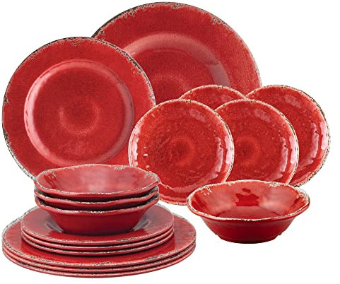Gourmet Art 16-Piece Crackle Heavyweight and Durable Melamine Dinnerware Set, Red, Service for 4. Includes Dinner Plates, Salad Plates, Dessert Plates and Bowls. for Everyday Use.