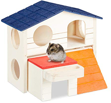 Relaxdays Hamsterhaus Holz, 2 Etagen, für Zwerghamster & Mäuse, kleines Hamsterhäuschen, HBT: 15 x 17 x 16,5 cm, bunt
