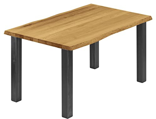 LAMO Manufaktur Esstisch Küchentisch Schreibtisch Couchtisch aus Massivholz, mit Baumkante 120x80x76 cm (AxBxH), Classic, Rustikal/Rohstahl mit Klarlack, LEB-01-A-003-0000Cl