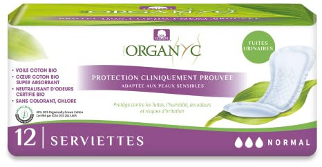 Organyc - Serviettes Normal pour fuites urinaires, en coton certifié, ne contiennent ni parfums ni plastique, ni matériaux chimiques - 1 paquet de 12 Serviettes, Flux modéré