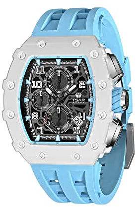 TSAR BOMBA Reloj para Hombre Relojes de Pulsera para Hombre Resistente al Cinta Azul Caja de Acero Inoxidable Cronógrafo de Zafiro Fecha Movimiento de Cuarzo Regalos Serie
