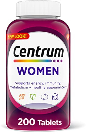 Centrum Multivitamin Tablet for Women, Multivitamin/Multimineral Supplement with Iron, Vitamin D3, B Vitamins and Antioxidant Vitamins C and E, Gluten Free, Non-GMO Ingredients - 200 Count