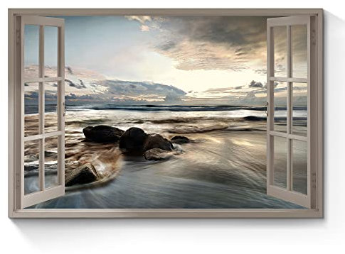 Ocean Open Window Wall Art: See Under Sunset Leinwand Gemälde Sonnenuntergang Strand Bild Küste Modern Relax Artwork Große Leise Meereslandschaft Foto Natur Landschaft für Schlafzimmer Büro Wohnzimmer