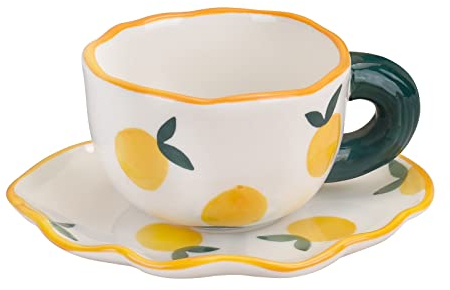 Koythin Ceramic Coffee Mug with Saucer Set, Cute Creative Cup Unique Irregular Saucer Design for Office and Home, Dishwasher and Microwave Safe, 6 oz/180 ml for Latte Tea Milk (Fresh Orange)