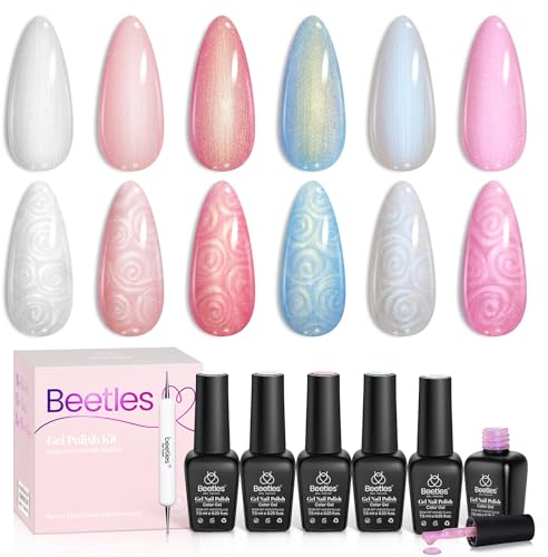 Beetles Pearl Gel Nail Polish Set 6 Colors Pearlescent Shell Glitter White Pink Blue Shimmer Mermaid Nail Gel Polish Soak Off Uv Led Gel Polish Swirl Thread Effect DIY Manicure Art